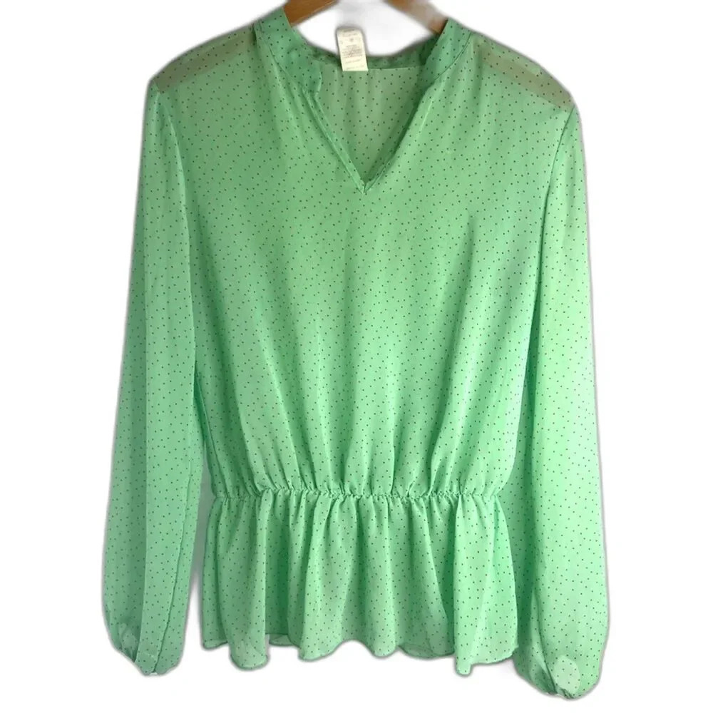 Francescas Polka Dot Blouse Green Sheer Peplum Cottage Core Chic Size Medium